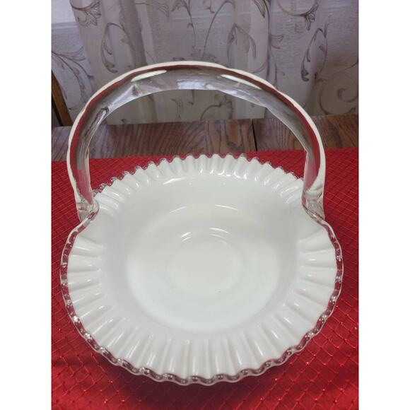 Vintage Fenton Spanish Lace Silver Crest Basket, Milk Glass Bamboo Handle, 10" - Picture 3 of 5